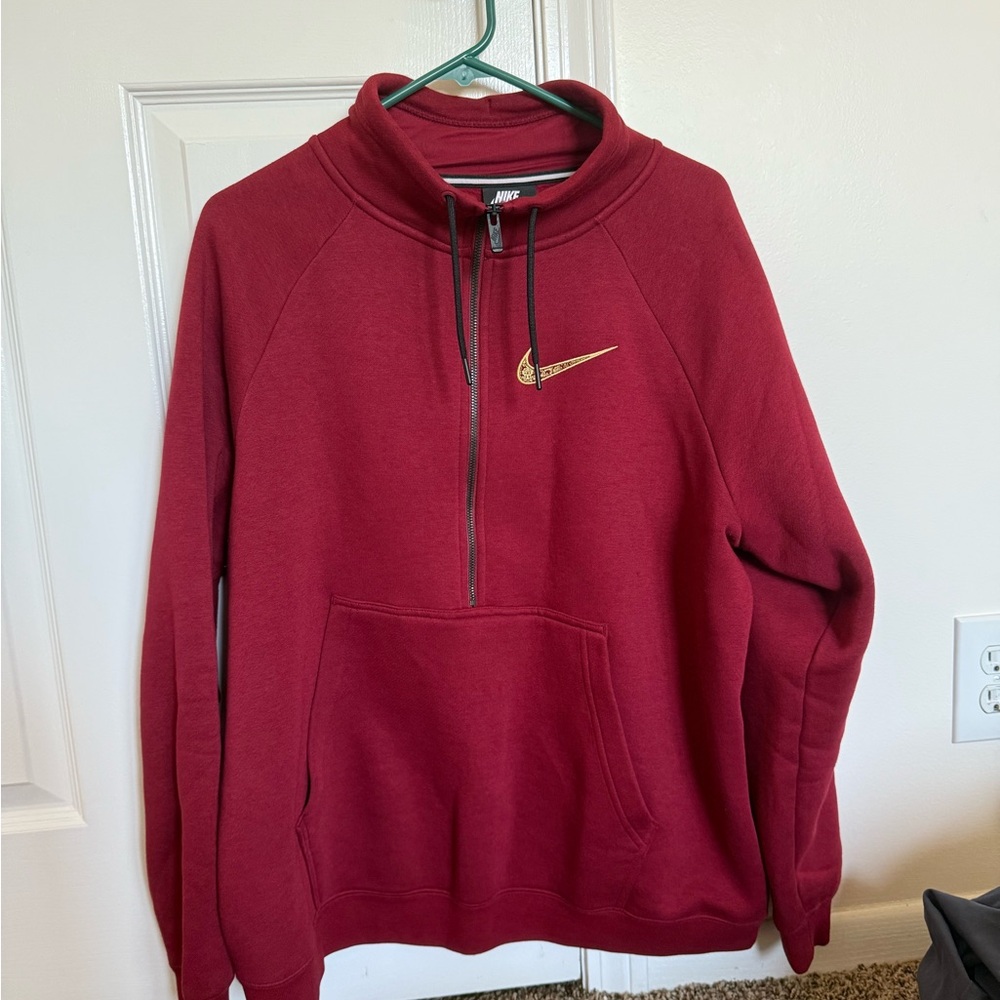 Nike Red Half-Zip Sweater with Collar and Hoodie Pocket